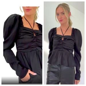Six fifty Black Peplum Satin Tie Front Blouse Size Large  Style: The Ruby New